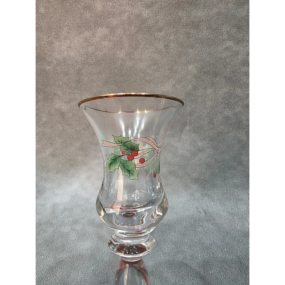 Vintage Christmas Holly Berry Glass Taper Candle Holders Gold Rim Set of 2